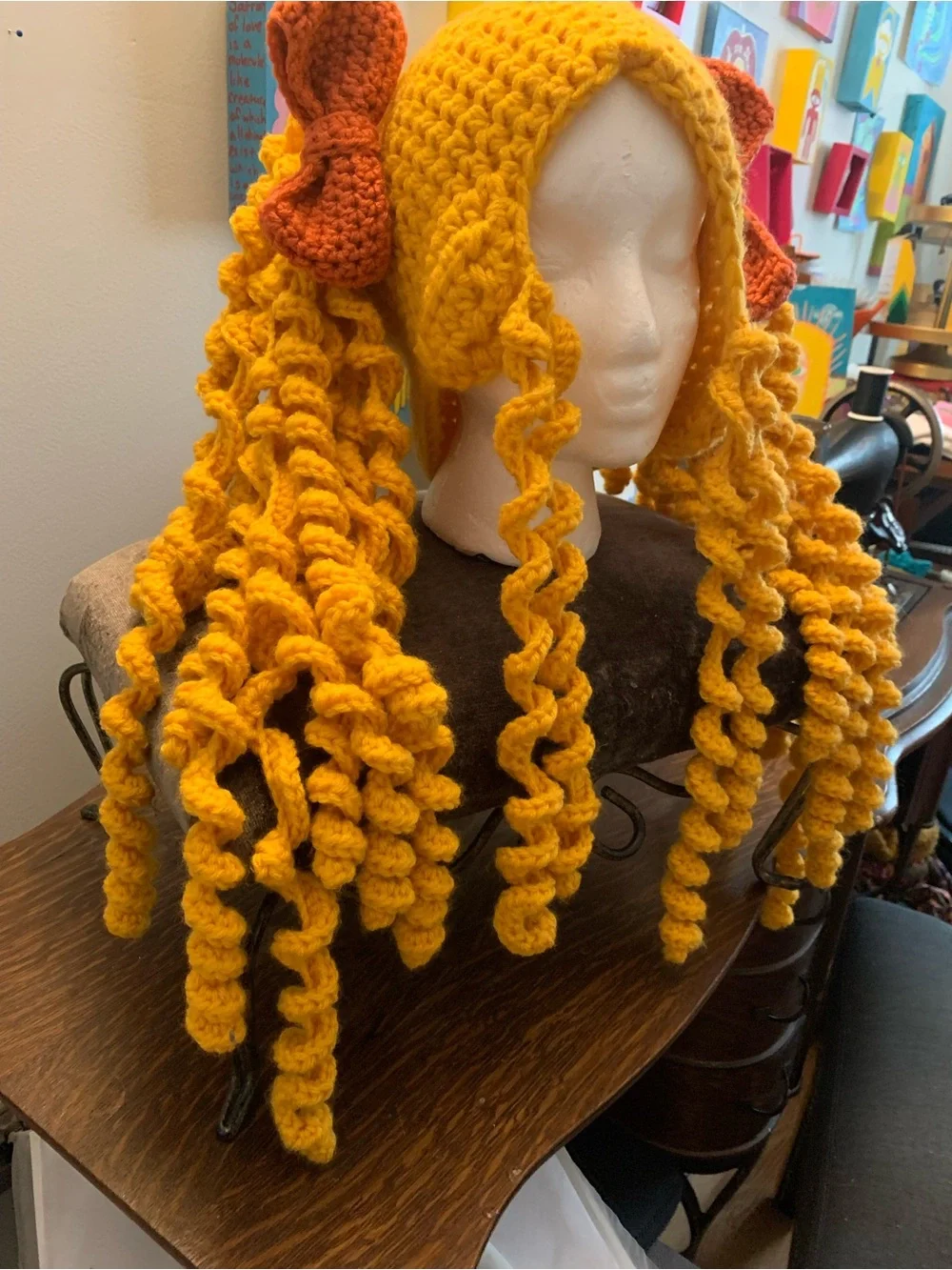 Handmade Yellow Curly Crochet Wig with Bows